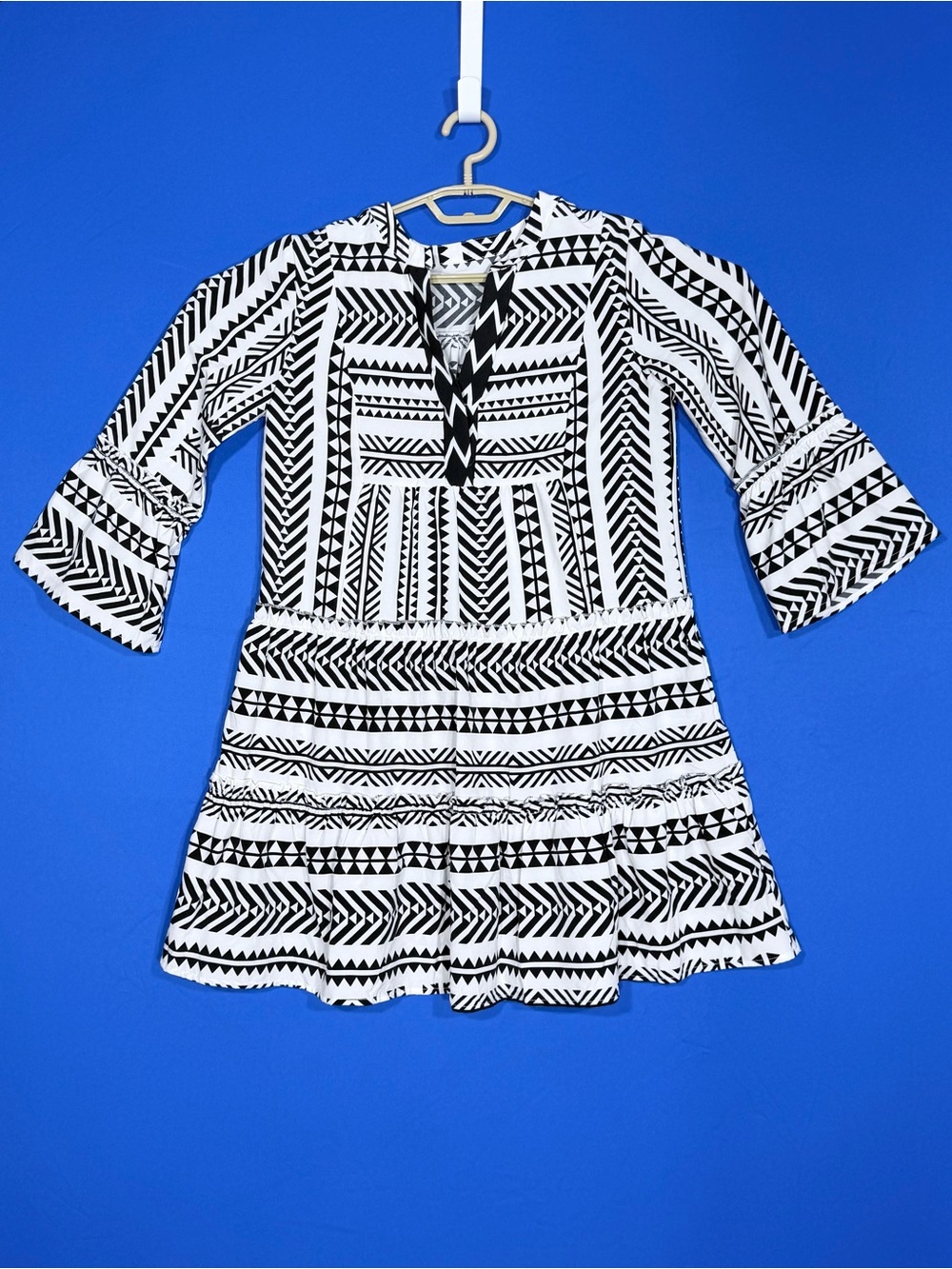 🖤 Black White Geometric Boho Bell Sleeve Mini Dress XS